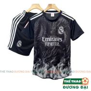 Quần Áo Bóng Đá, Đồ Đá Banh Real Đen Viền Trắng 2024 Thun Mè Cao Cấp Thoáng Khí Thể Thao Đương Đại