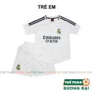 Quần Áo Bóng Đá Trẻ Em Real Trắng Đen 2024 2025 Thun Mè Cao Cấp Thoáng Khí Đồ Đá Banh Cho Bé