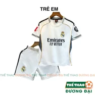 Quần Áo Bóng Đá Trẻ Em Real Trắng 25/26 Thun Mè Cao Cấp Thoáng Khí Đồ Đá Banh Cho Bé